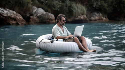Businessman working on a laptop in an inflatable boat in the sea, Generative AI