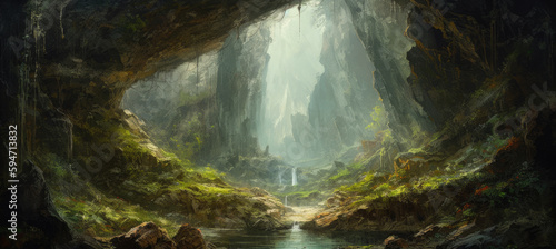 Deep down in forest canyon valley lies mysterious tunnels and caves, moss covered walls and misty river streams, adventurous exploration in a fantasy landscape - Generative AI