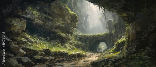 Deep down in forest canyon valley lies mysterious tunnels and caves, moss covered walls and misty river streams, adventurous exploration in a fantasy landscape - Generative AI