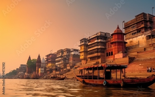 Varanasi city with ancient architecture. View of the holy Manikarnika ghat at Varanasi India at sunset, Generative AI