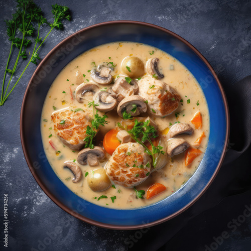 Blanquette De Veau On A Blue Abstraction Round Plate, French Dish. Generative AI