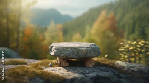 Flat small stone podium on rock platform. Product presentation mockup, mountains landscape. AI generated