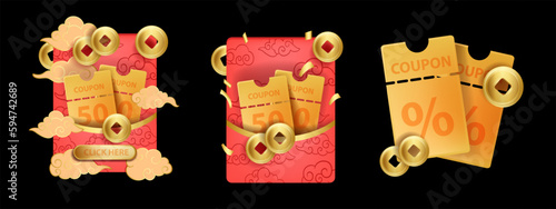 3D coupon pocket, lucky red Chinese envelope, vector sale promotion design golden money coin. Traditional asian fortune voucher oriental e-commerce shopping promo discount card. Chinese holiday coupon