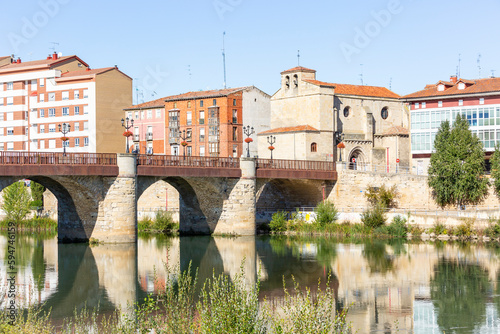 Bridge of Carlos III over Ebro river and the Holy Spirit Church in Miranda de Ebro, province of Burgos, Castile and Leon, Spain