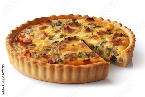 Quiche (pie) with ham, tomatoes, spinach and soft cheese isolated on a white background. Generative AI