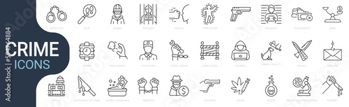 Set of line icons related to crime, criminal, illegal. Outline icon collection. Editable stroke. Vector illustration