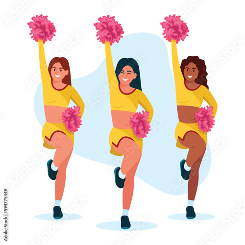 Vector illustration of beautiful girl dancing cheerleading. Cartoon scene with smiling girls with pompoms dancing cheerleading and performing before the start of sports competitions isolated on white.