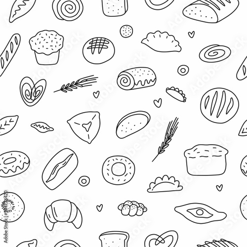 Vector pattern of pastries and bread drawn by hand in the style of a doodle