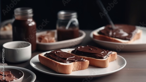Toast with chocolate spread in the kitchen. Delicious breakfast concept. AI generated