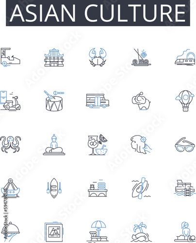 Asian culture line icons collection. Fun, Escape, Distraction, Amusement, Entertainment, Relaxation, Refreshment vector and linear illustration. Recreation,Playfulness,Enjoyment outline signs set