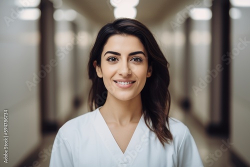 Lifestyle portrait photography of a grinning doctor in her 30s wearing a scrub or lab coat with doctors nurses therapists. Generative AI