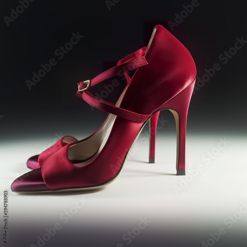 Dark red tango shoes, high heel stilettos on a black background decorated with rose flower. AI generative.