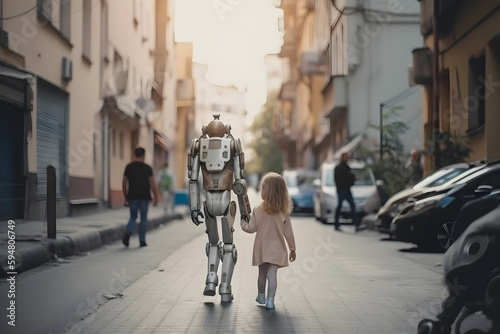 robot babysitter leads a little girl by the hand along a city street. Concept of robots replace people. Generative AI