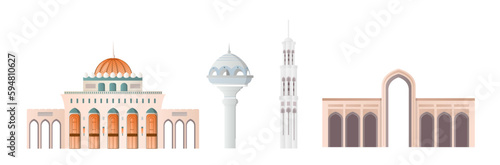 Travel to Oman. Collection of traditional oriental buildings. Architecture and historical building exterior, facade. Muscat city. Cartoon flat vector illustrations isolated on white background