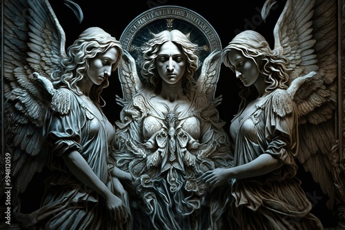 three angels standing next to each other in front of a black background Generative AI