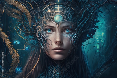 a woman with blue eyes and a crown on her head Generative AI