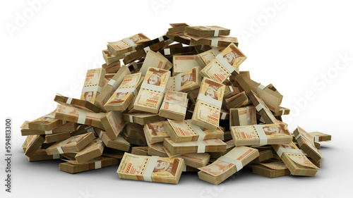 Big pile of Venezuelan bolivar notes a lot of money over white background. 3d rendering of bundles of cash 