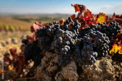 Ripe and dry bunches of red tempranillo grapes after harvest, vineyards of La Rioja wine region in Spain, Rioja Alavesa in winter. Generative AI