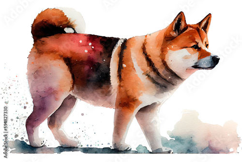Japanese Akita dog. Watercolor realistic illustration on a white background. Pet animals images. Generative AI.