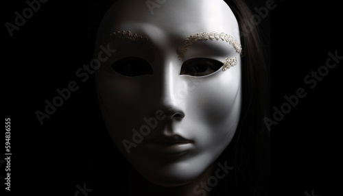 Elegant woman spooky mask looks into camera generated by AI