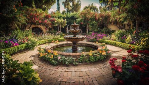 Fresh flowers bloom in historic courtyard gardens generated by AI