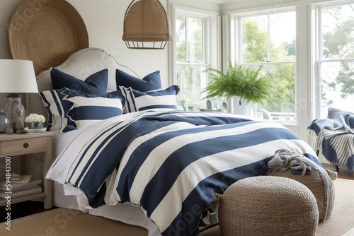 A beachy Nautical Bedroom with a natural sisal rug, rope-wrapped lamps, and a bold stripe duvet cover for a laid-back coastal vibe, generative ai