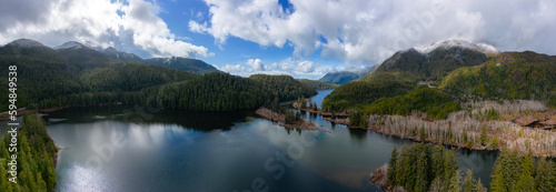Aerial Panoramic View of Canadian Mountain Landscape and Lake. Taken in Vancouver Island, British Columbia, Canada. Nature Background Panorama