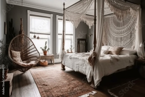 A Farmhouse Bedroom with a bohemian twist, complete with macrame wall hangings, an airy canopy bed, and a cozy reading nook for lazy afternoons, generative ai