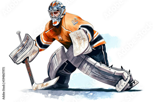 Illustration of a professional ice hockey player goalkeeper in action on white background