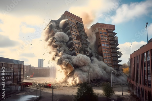 Old building demolition by controlled implosion using explosives aftermath. Generative AI.