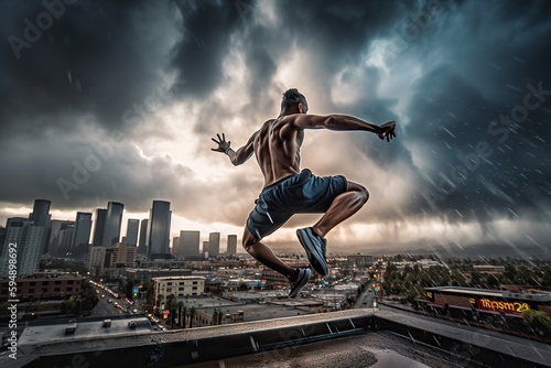 A Man Is Jumping In The Air On A Skateboard In Front Of A City Modern Urban Skyline Sports Photography Action Photography Generative AI