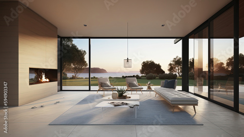 Minimalistic living room in a summer retreat vacation home with ocean view, featuring a cozy fireplace and private garden, photorealistic illustration, Generative AI