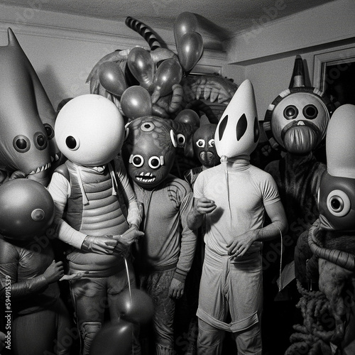 Photo in the style of the 1970s of a wild costume party where people are dressed up as aliens - generative AI