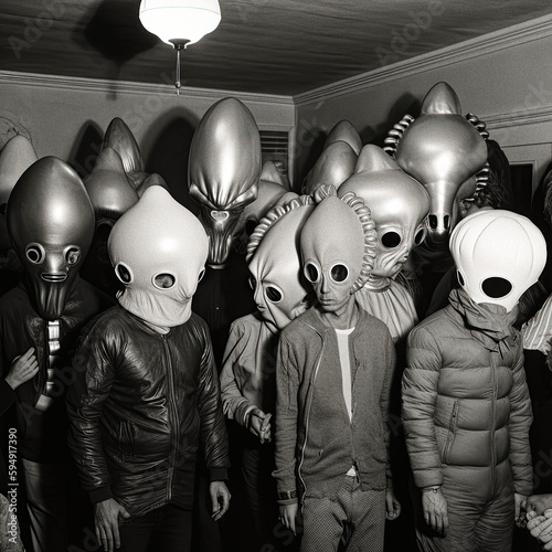 Photo in the style of the 1970s of a wild costume party where people are dressed up as aliens - generative AI