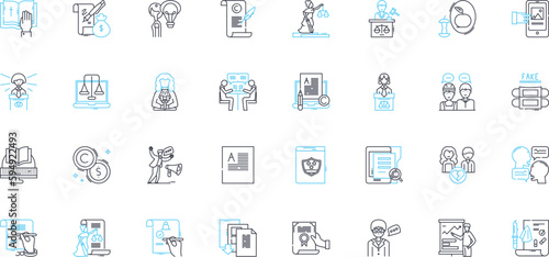 Court authority linear icons set. Jurisdiction, Judge, Judicial, Ruling, Order, Verdict, Bench line vector and concept signs. Trial,Hearing,Adjudication outline illustrations