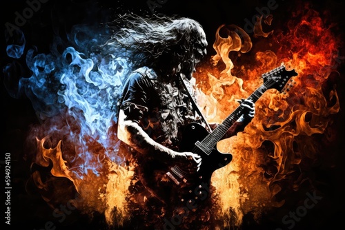 heavy metal guitarist, surrounded by smoke and flames, performing with full intensity, created with generative ai