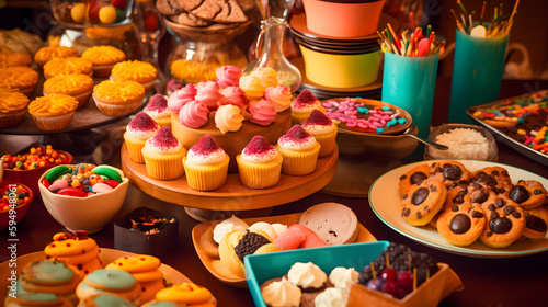 A festive and colorful shot of a table filled with cupcakes, cookies, and other sweet treats for the birthday party