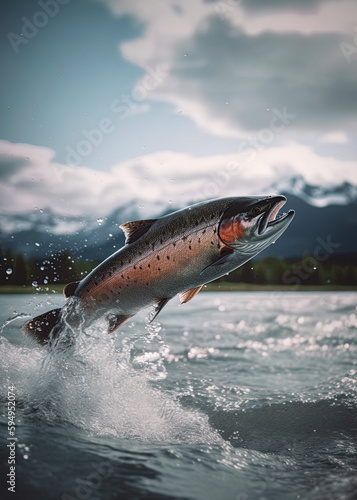 Salmon jumping out of water in Alaskan river. Generative Ai