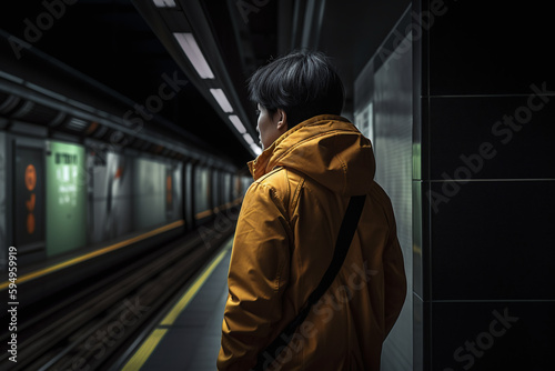 Vue de dos d'une personne attendant le métro » IA générative