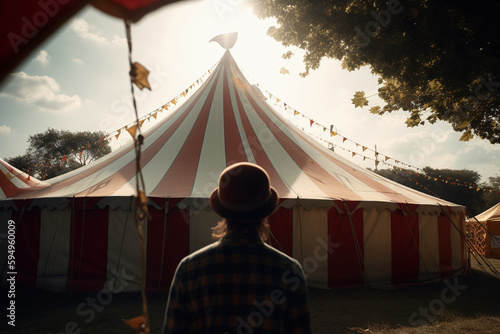 Vue de dos d'un clown devant le chapiteau d'un cirque » IA générative