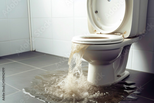 Clogged sewer system. Water rises from the toilet bowl. Created with Generative AI technology.