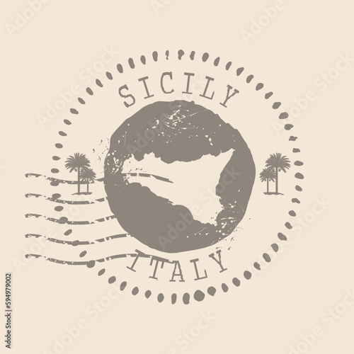 Stamp Postal of Sicily. Map Silhouette rubber Seal. Design Retro Travel. Seal Map of Sicily grunge for your design. Italy. EPS10