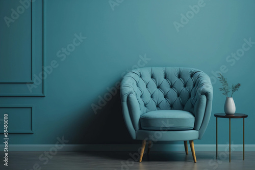 Modern living room with monochrome neutral blue empty wall. Contemporary interior design with trendy wall color and chair. Generative AI.