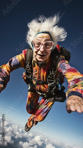 Crazy granny trying skydiving, Generative AI illustration