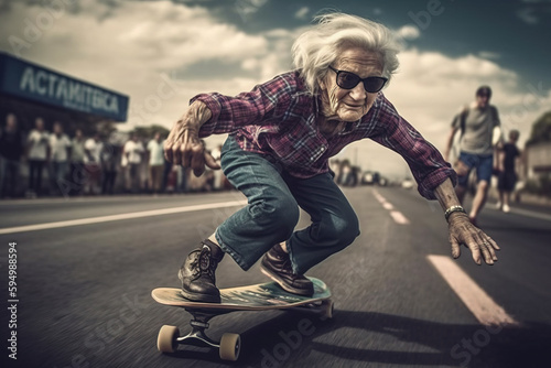 Crazy granny riding skateboard on the street, Generative Ai illustration