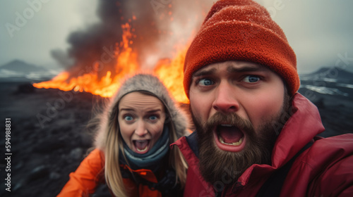 Two reckless tourists taking selfie in front of erupting volcano. Generative Ai illustration
