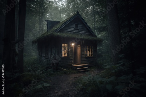 Old house is a hut in the forest. Eerie forest is a lonely shack covered with moss, the windows glow in the evening at dusk