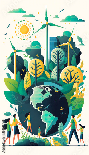 People save green Planet environment with global clean up, Earth Day, invest in our planet, mother earth protection concept, windmills, clean energy, Colored flat illustration. Generative AI