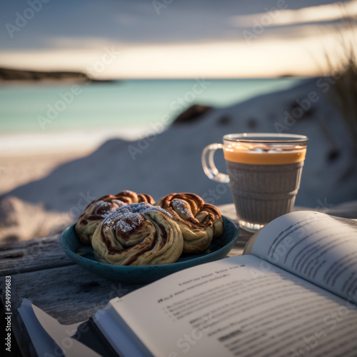 a swedish fika by the sea in the archipelagos with black, Generative AI