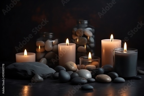 Candles And Stones On Dark Background, Wellness Setting, Aromatherapy. Generative AI